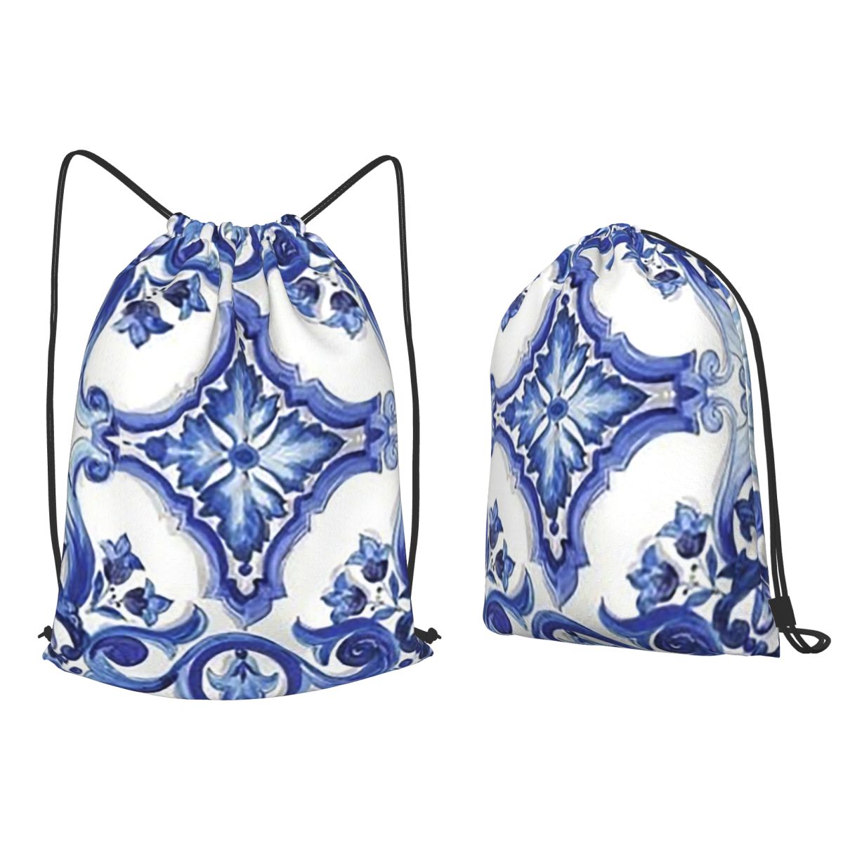 Tile Bag Drawstring - กระเป๋าเป้สะพายหลังลายดอกไม้สีน้ำเงินสไตล์เมดิเตอร์เรเนียน ซิซิลี แบบมีเชือกผูก สำหรับผู้ชาย ผู้หญิง และนักเรียน