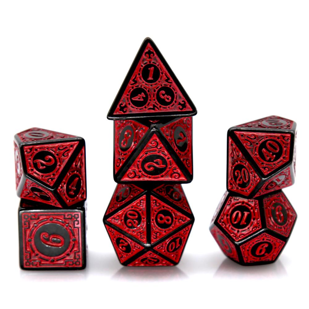 Board Game Dnd - 7 ชิ้นสีดำสีแดงอะคริลิคโพลีเฮดรัลชุดลูกเต๋ารูปแบบย้อนยุค DND RPG ลูกเต๋าสำหรับเกมกระดานเล่นตามบทบาทบนโต๊ะอุปกรณ์เสริม